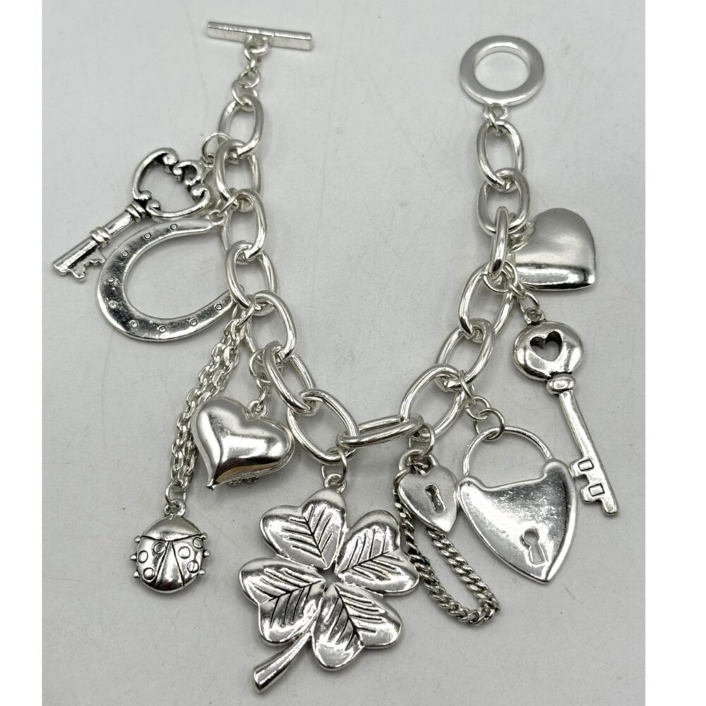 Vintage silver tone charm bracelet key clover heart horseshoe